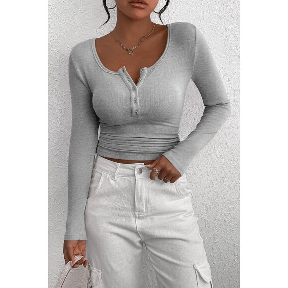 Women's Ribbed Knit Henley Shirt Slim Fit Long Sleeve Casual Top - Picture 7 of 8